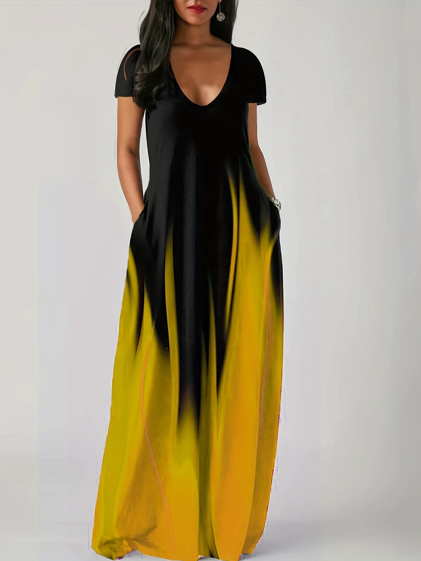 Summer Loose Print Casual Womens Dress Pocket Long 250106