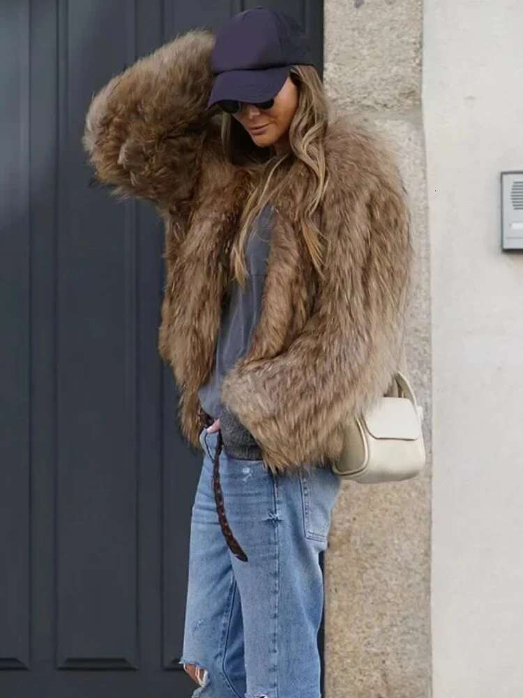 ZBZA Women's Faux Fur Cropped Coat V-Neck Long-Sleeved Thick Warm Solid Streetwear Soft Cardigan Fall Winter New Chic Outerwear