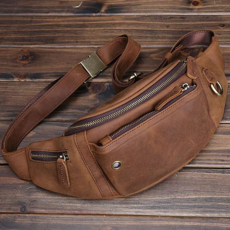 Crazy Horse Men Baotou Layer Cowhide Mobile Phone Fanny Pack Large Capacity Sports Diagonal Chest Bag Men's Leather