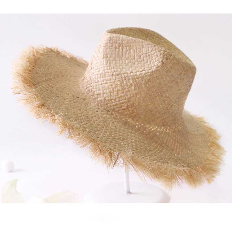 Summer simple solid color hand woven Rafia sun hat used for warm lace large brown straw hat outdoor beach summer hat X250109