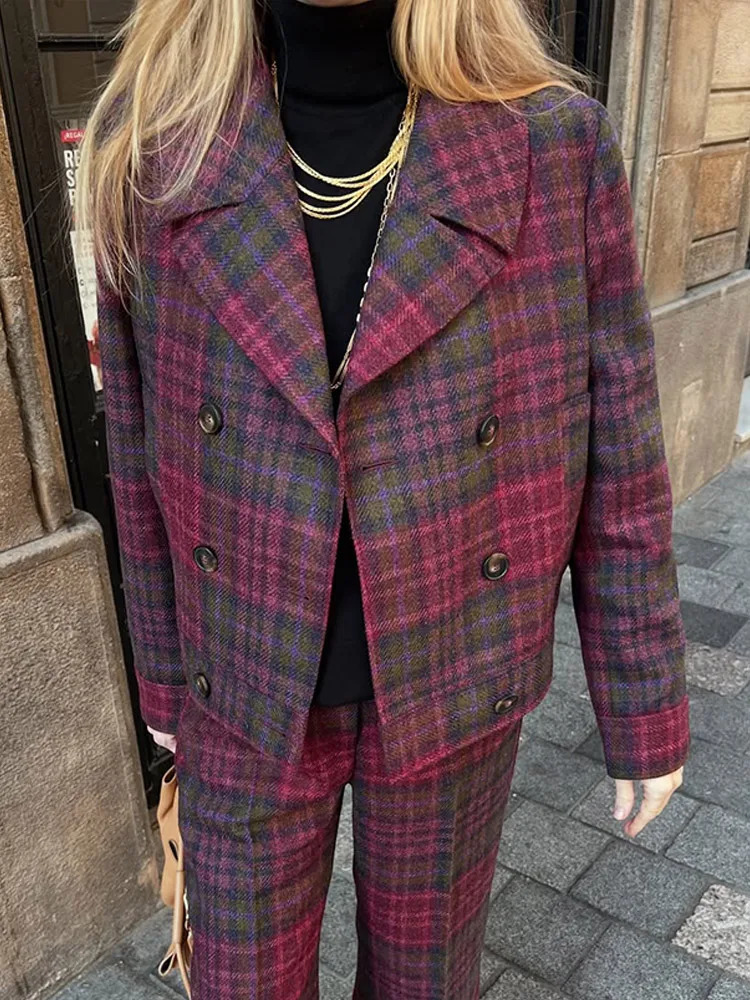 Women Vintage Plaid 2 Piece Suit Lapel Double Breasted Full Sleeves Blazer Set Wide Leg Pants High Street Outfits 250106