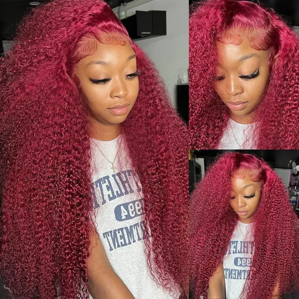 13x4 Lace Front Wine Red Deep Wave Wig glueless preplucked Long Natural Curly Wigs Heat Resistant Fiber Look Like Human Hair