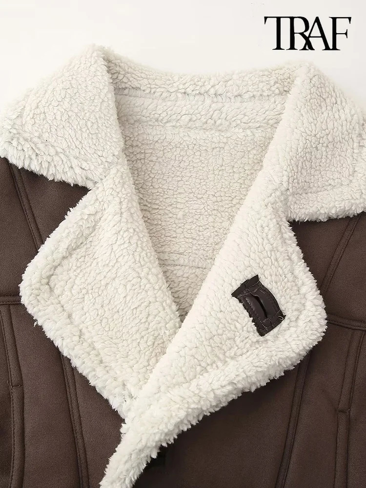 TRAF Womens High Street n Suede Lamb Fur Warm Jacket Coat Autumn and Winter Lapel Fashion Elegant Tops 250103