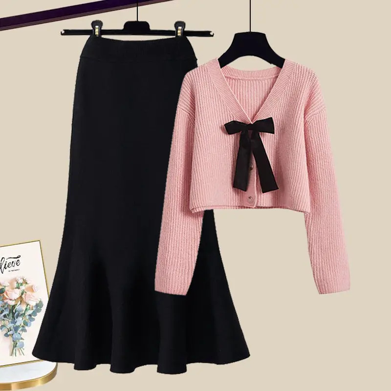 Large Womens Autumn and Winter Set Korean Sweetheart Style Slim Knitted Sweater Fish Tail Skirt Two Piece 250106