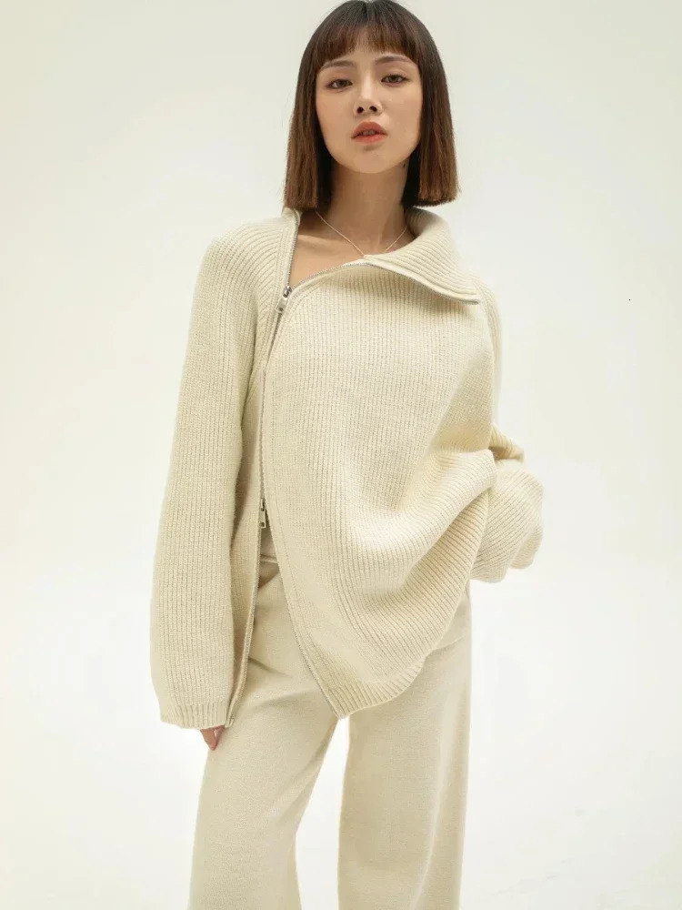 Autumn Knitted Two Piece Set Women Zipper Sweaters and Wideleg Pants Suit Solid Highneck Pullover Sets for 2 Pieces 250106