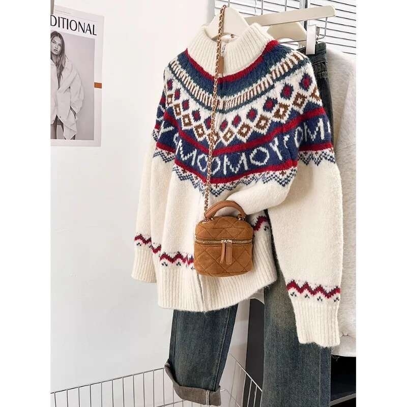 Fair Isle Style Semi-Turtleneck Sweater Knitted Cardigan Women's 2024 Autumn New Winter Thickened Loose Zipper Long-Sleeved Top