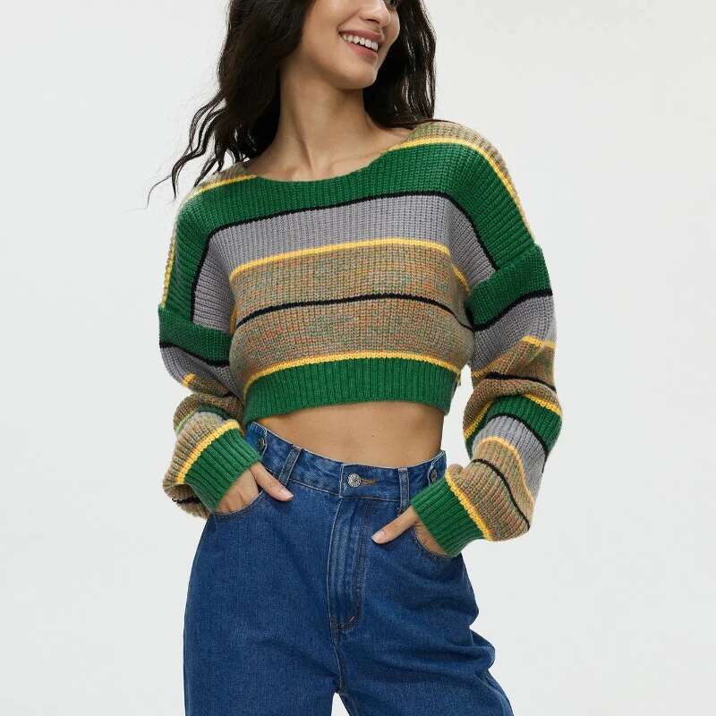 Hooded Women's New Style Spicy Girl Striped Color Blocked Loose Knit Short Sweater Jacket Women