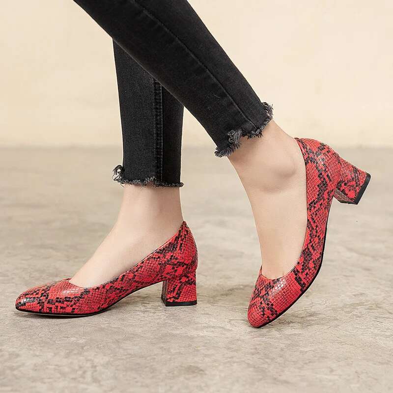 Fashion Women's Snake Print Low Heels Woman Comfortable Brand Designer Large Size 47 Wedding Office Shoes Pumps Red
