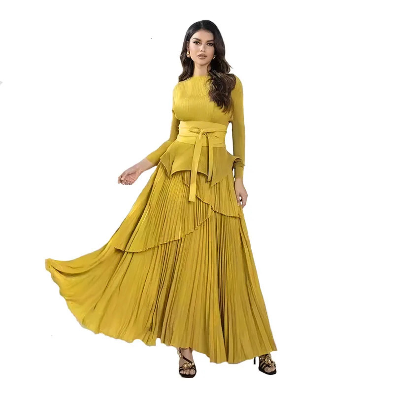 Women Pleated 2 Pieces Set Spring Holiday Bandage Belt Ruffles Stretch Irregular TopElastic Waist Long Skirt Suit Outfits 250106