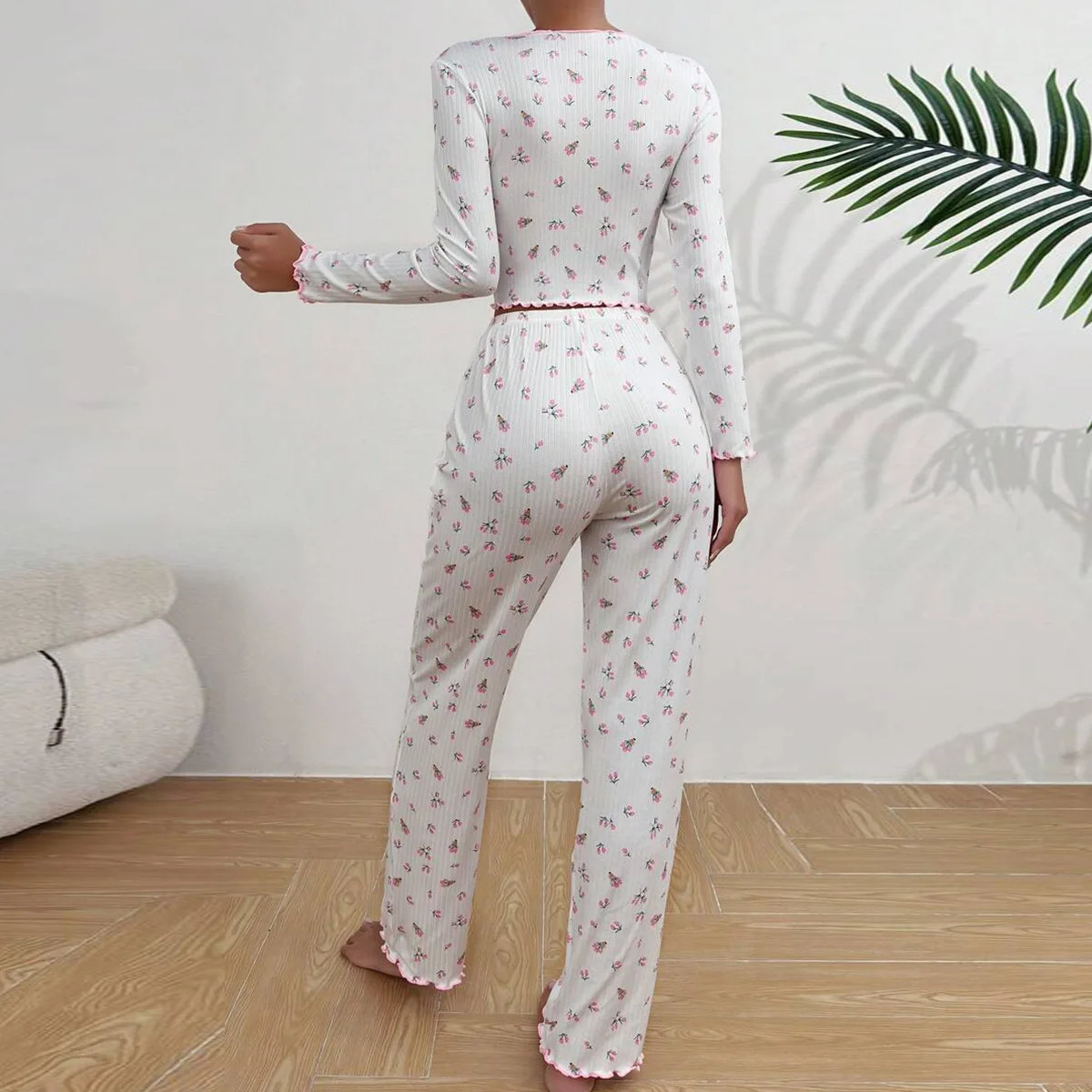 Women Floral Print Pajama Sets Long Sleeve ShirtsPants Female Casual Home Clothes Spring Autumn Sleepwear Bow Nightwear Suits 250106