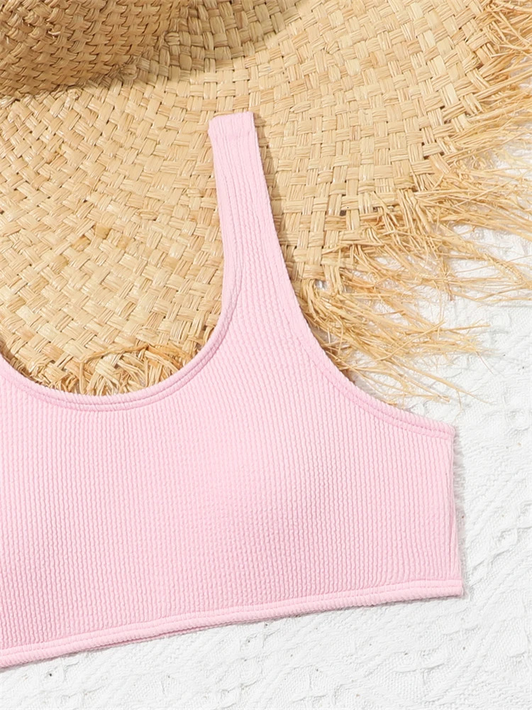 Kids Swimsuit Girls Bikini Solid Ribbed Sling Bikinis Set Children Swimwear Summer Three Piece Beachwear Bathing Suits 250108