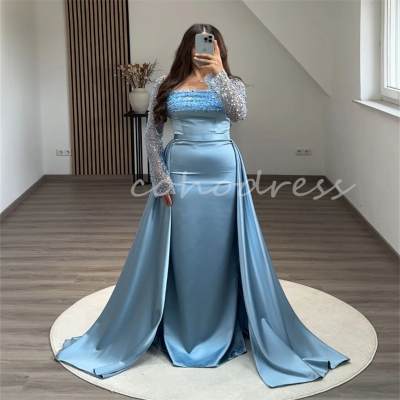 Luxury Blue Sequined Evening Dresses With Overskirt Train Saudi Arabic Dubai Prom Dress Long Sleeve Mermaid Formal Dress 2 in 1 Vestio De Fiesta Gala 