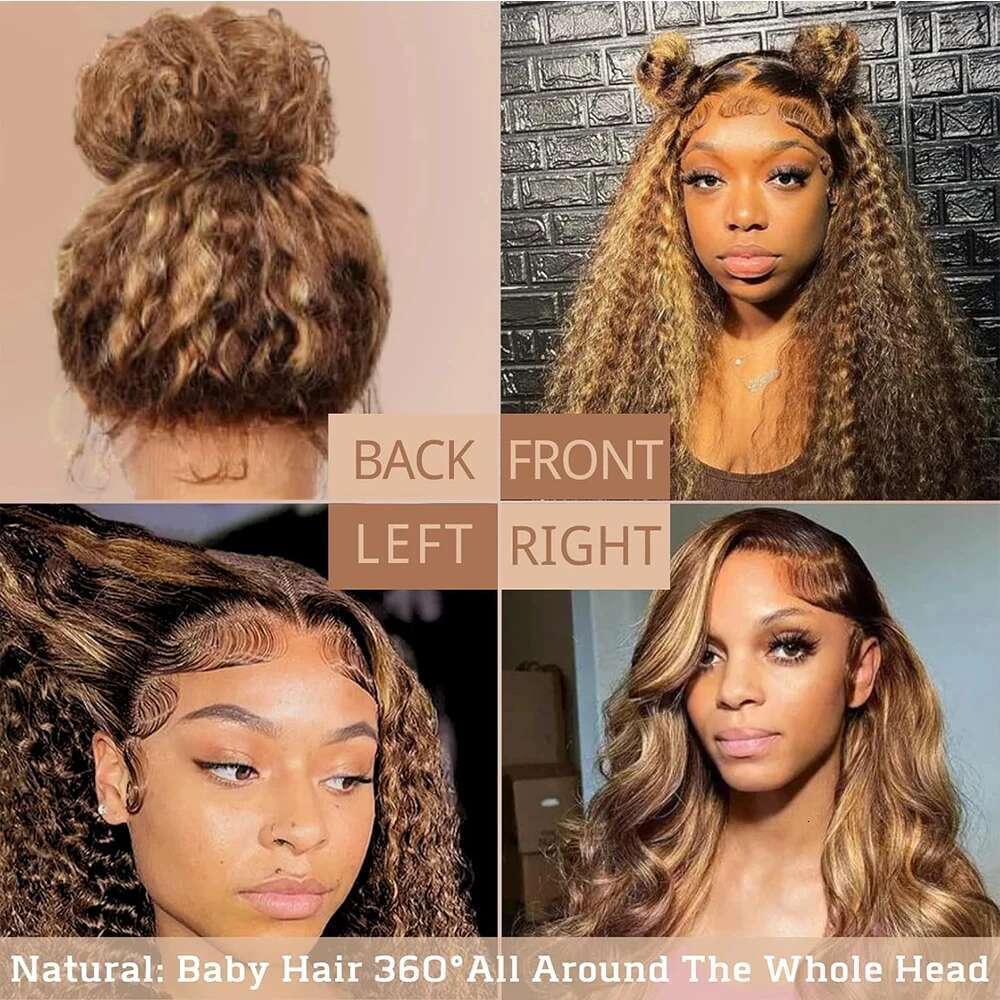 Invisi-Strap Front 250 Density Highlight Human Hair Deep Curly HD 360 Full Lace Wig Preplucked