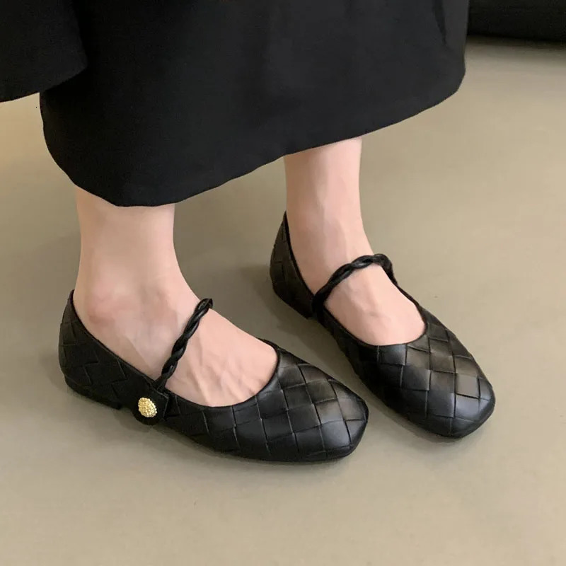 Mary Jane Women Shoes Comfortable Square Toe Small Heel Pumps Female Soft Ballet Flats Casual Loafers Lady Black Leather Shoes 250109