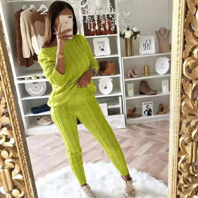 Autumn Winter Women Knitted Tracksuit Two Piece Set Female Sweater Tops Elastic Waist Pant Suit Outfits 250106