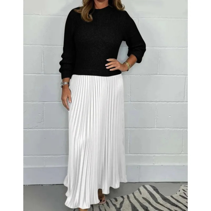 Autumn Winter Women Dress Twopiece Knitted Sweater Pleated Skirt Patchwork Long Sleeve Round Neck Aline Maxi 250106