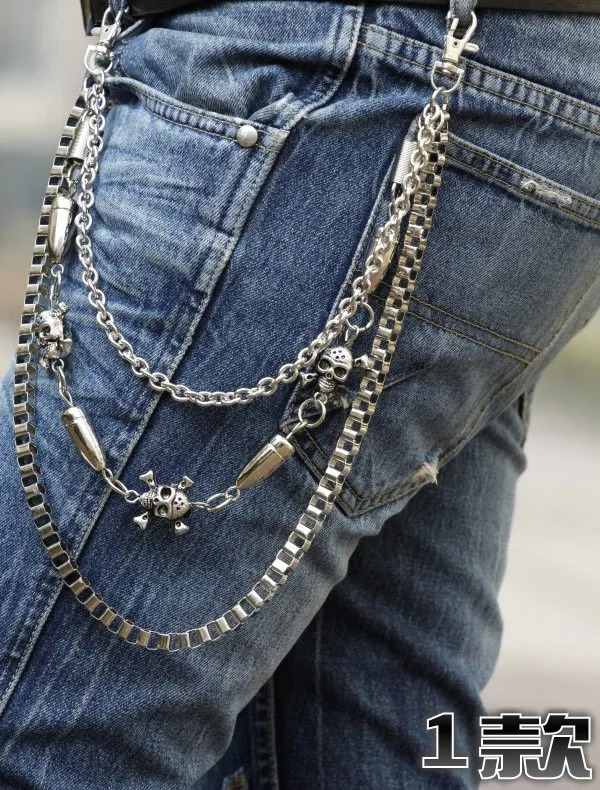 Mens Hip Top Punk Rock Jeans Pants Trousers Wallet Waist Chain Mens Skull Ghost Head Metal Chains Two Strands Biker Keychain 250107