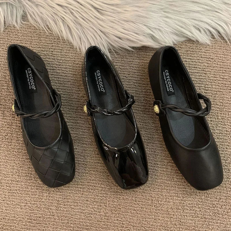 Mary Jane Women Shoes Comfortable Square Toe Small Heel Pumps Female Soft Ballet Flats Casual Loafers Lady Black Leather Shoes 250109