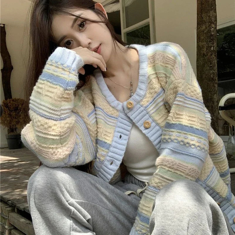 Rimocy Sweet Mixed Color Round Neck Cardiagns Women Korean Single Breasted Knitted Cardigan Woman Chic Long Sleeve Knitwear 250108