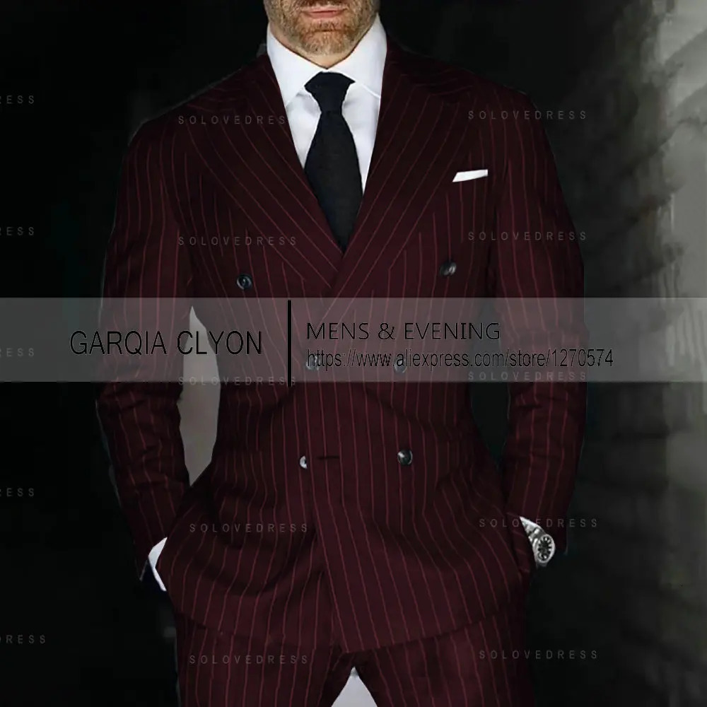 Grey Striped Mens Suits Double Breasted For Wedding Custom Made Man Costume Groom 2Pieces Tuxedos Blazer Pants 250102