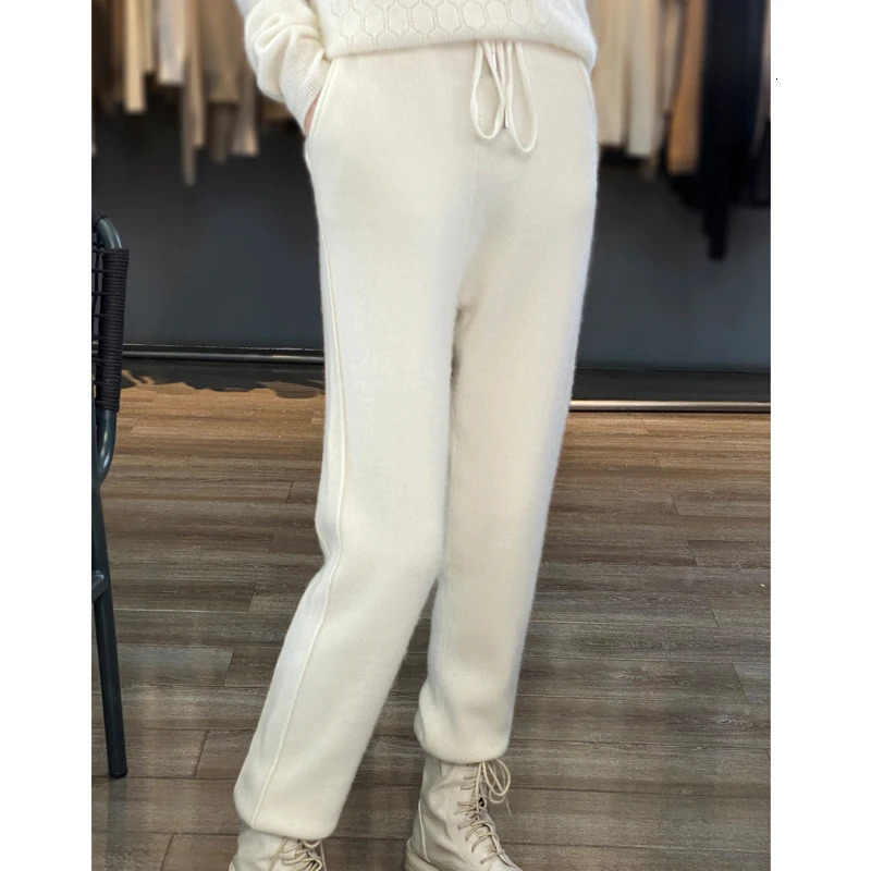 100% Merino wool cashmere womens knitted pants in autumn and winter elastic waist fashion feet 250108