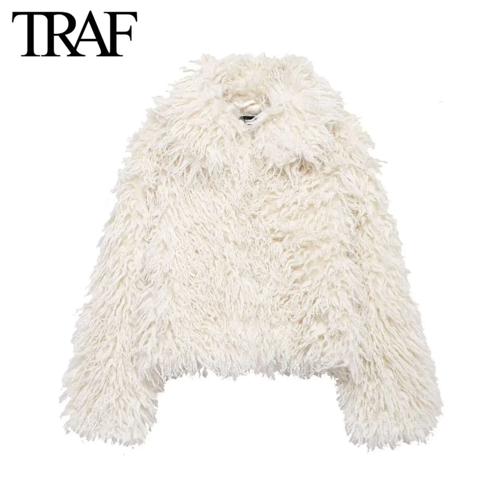 TRAF Faux Jacket For Women Fashion 2024 Winter New Long Sleeve Artificial Fur Effect Short Coat Chic Ladies Tops Mujer