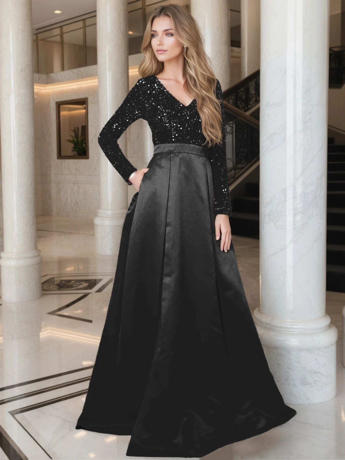 Romagic Women V Neck Sequin Satin Long Sleeves Evening Party Dress Christmas Prom Gown Floor Length Slit With Pocket Dresses 250106