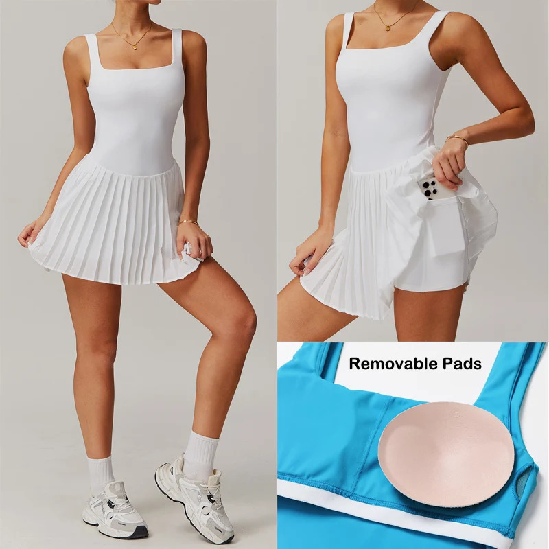 VITALINOVO Workout Tennis Dress with Built in Shorts Square Neck Padded Pockets Golf Athletic Mini Dresses 250106