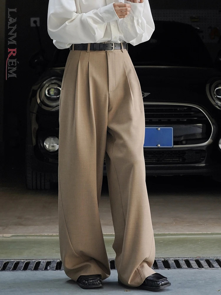 LANMREM Minimalism High Waist Pants For Women Straight Wide Leg Trousers Loose Female Fashion Clothing Spring 26D1885 250108