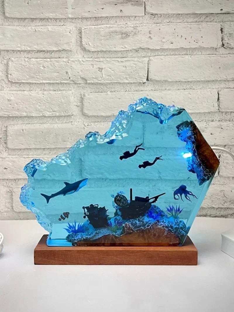 Seabed World Organism Resin Table Light Creactive Art Decoration Lamp Shark Sunken Ship Octopus Theme Night Light USB Charge 250109