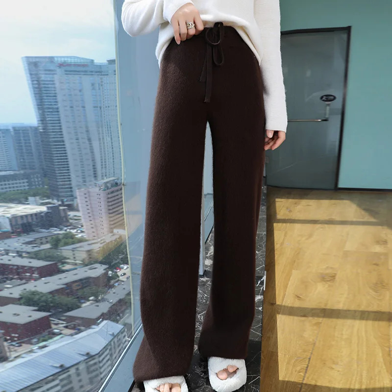 AutumnWinter Mink Cashmere Wide Leg Pants for Women Thickened Warm Loose High Waist Strap up Vertical Casual 250108