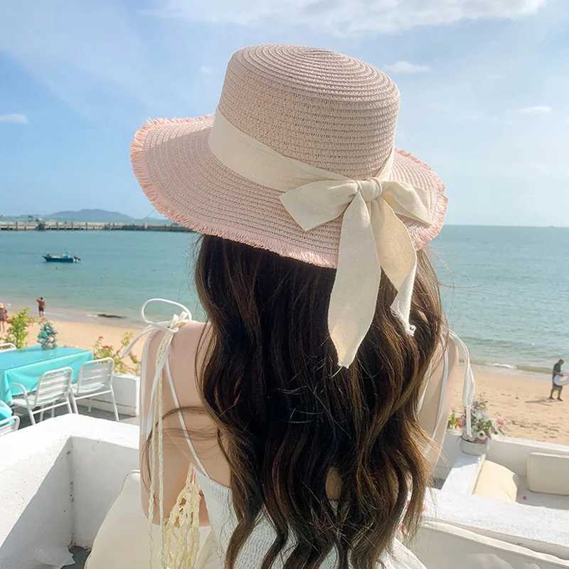Bow ribbon straw hat bra wide eaves soft top sun hat summer sun hat Fem vacation beach accessories X250109