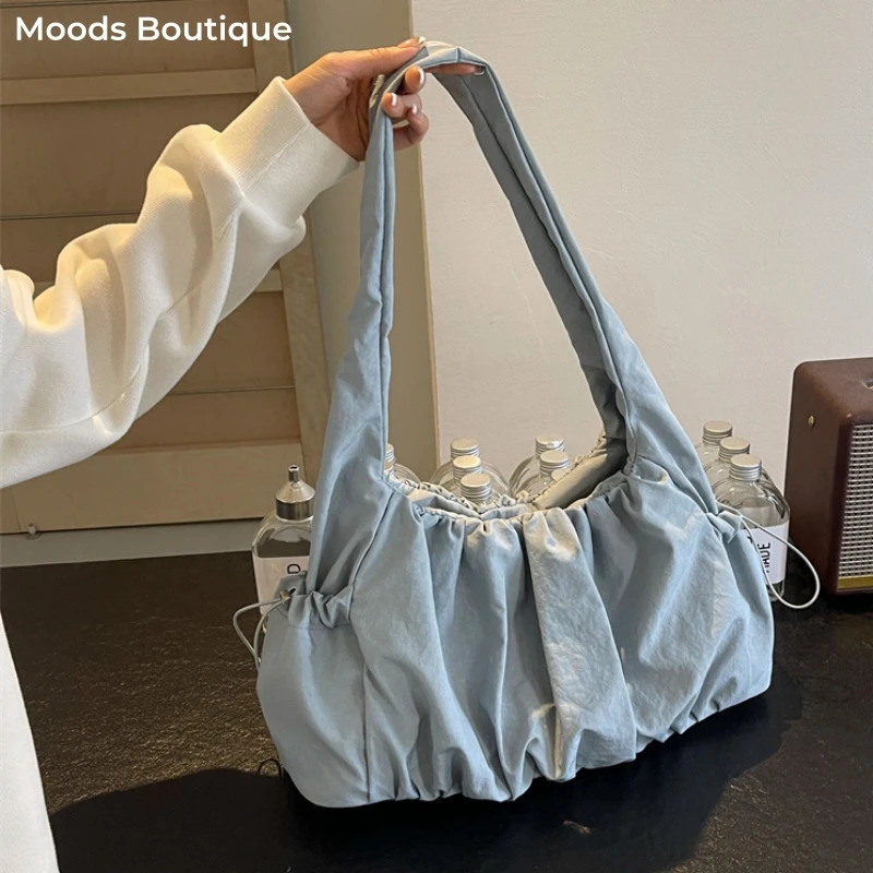 Pleated n Women Shoulder Bags Nylon Fabric Pure Color Big Capacity Shopper Tote Casual Street Hobo Bag 2024 ed Handbag 250107