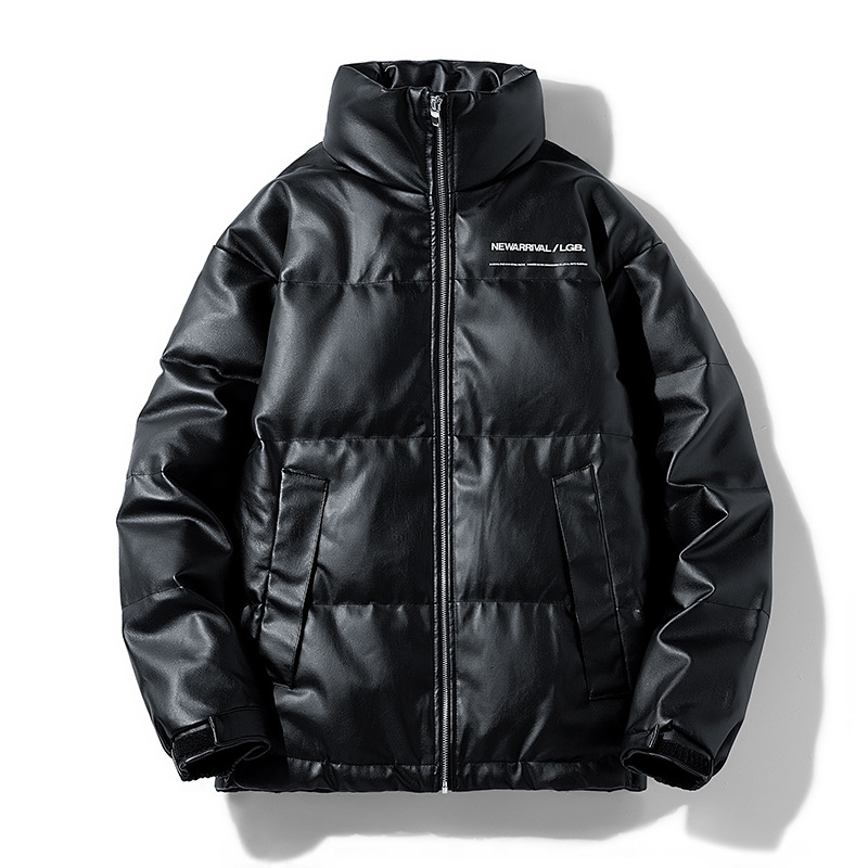 Men's Jackets Winter PU leather down jacket thick and warm white duck down leather jacket loose and versatile stand up collar casual and fashiona