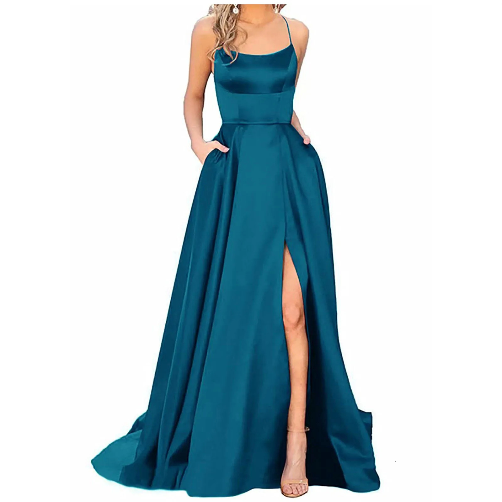 WomenS Long Dresses Backless Satin Strap Party Dress Side Slit Wedding Pockets Plus Size For Women 250106