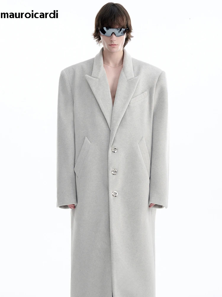 Mauroicardi Autumn Winter Oversized Long Warm Black Wool Blends Coat Men Floor Length Woolen Overcoat 2024 250106