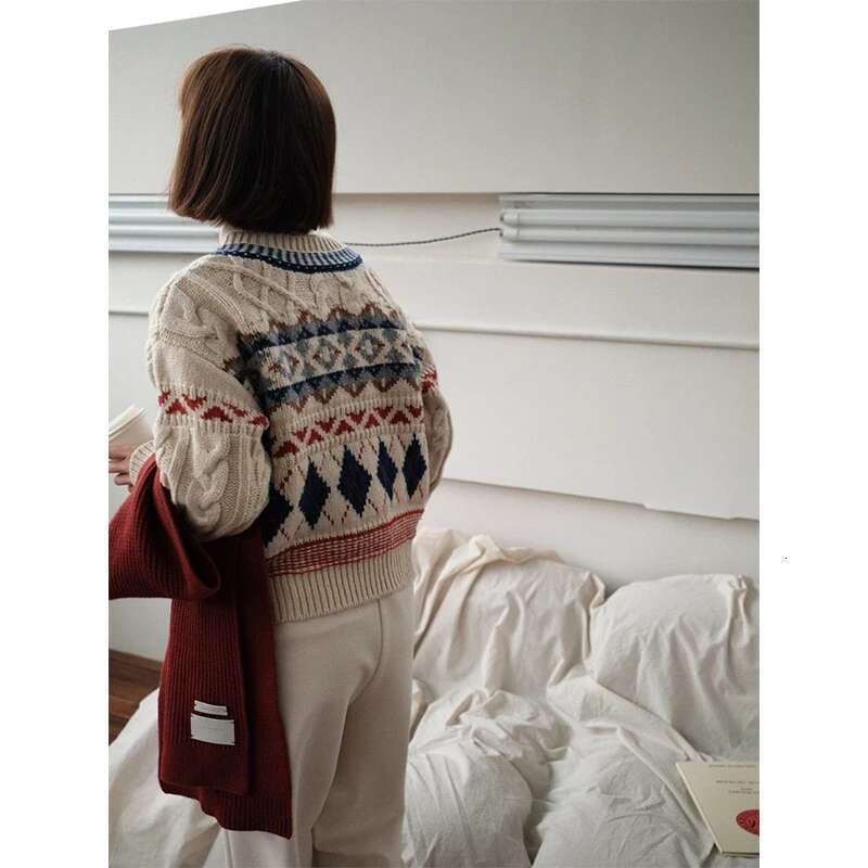 Vintage Argyle Knitted Cardigan Women Christmas Print Sweater Outerwear Winter Aesthetic Knitwear Korean Long Sleeve Jumpers New