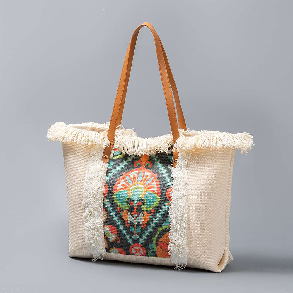 Canvas Large Capacity Women's Tote Bag, Four Sided Tassel Handbag, Niche Design, Ethnic Style Shoulder Bag