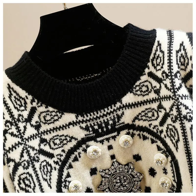 Women Clothing Fashion Chinese Style Diamonds Short Sweater Autumn Winter Vintage Streetwear Long Sleeve Pullovers Chic Y2k Tops 250108