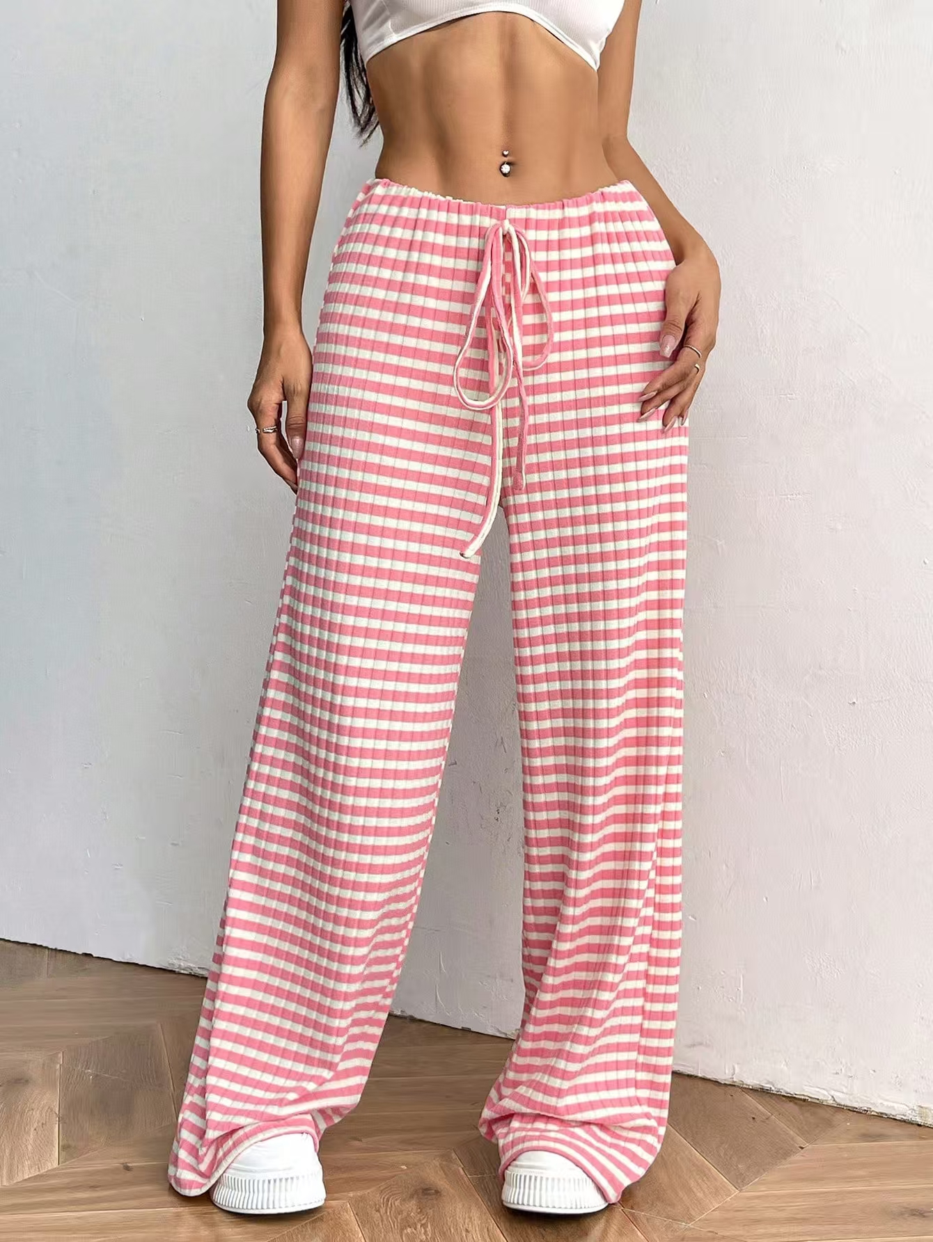 Thin towel wide-leg pants women's high waist drooping loose slim straight casual striped knitted pants mopping the floor in summer#3453