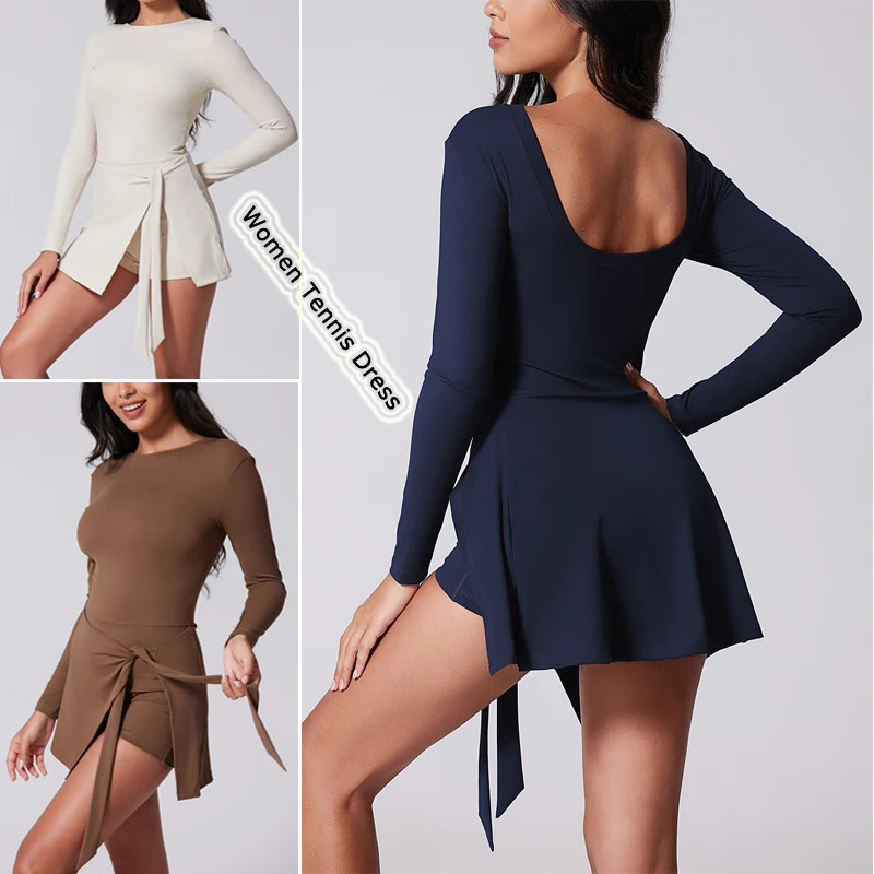 VITALINOVO Womens High Neck Tennis Dress Long Sleeve Sarong Wrap Skirt Built in Shorts Golf Athletic Workout Rompers 250106
