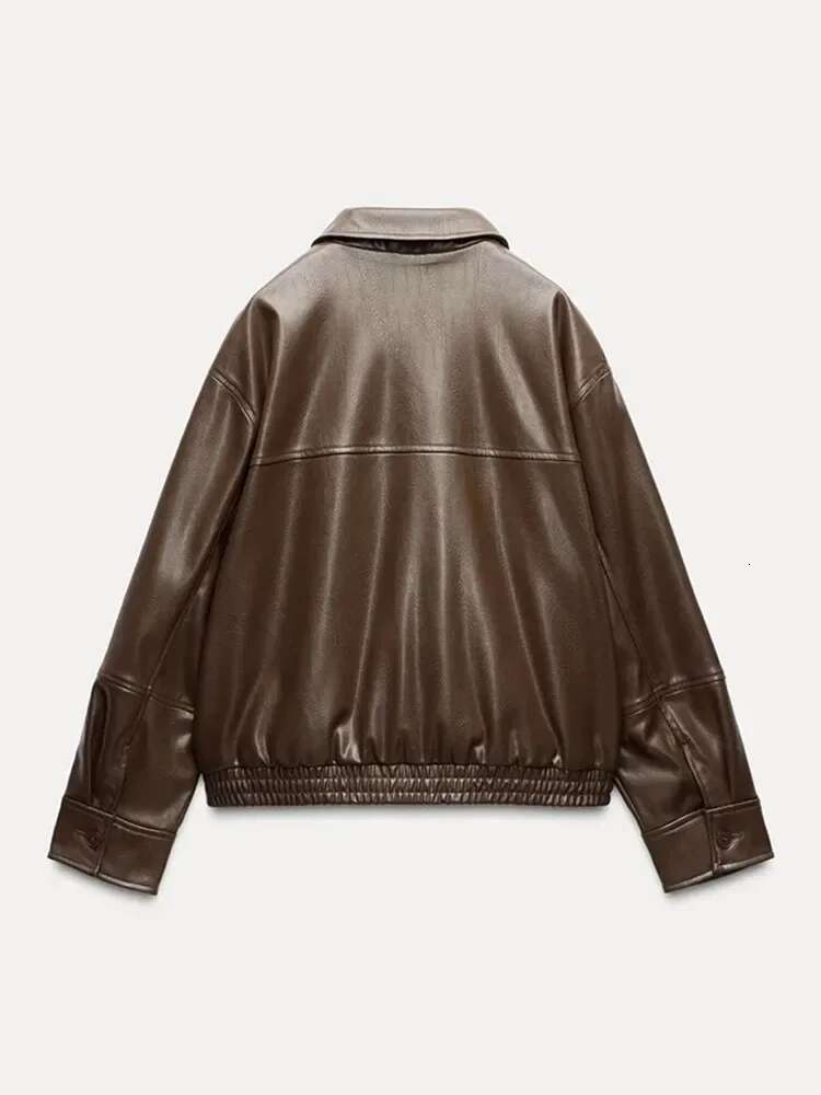 Vintage Chocolate Pu Leather Spring Jacket Women Fashion Zipper Long Seleeve Pocket Short Coat New Autumn Ladies High Streetwear