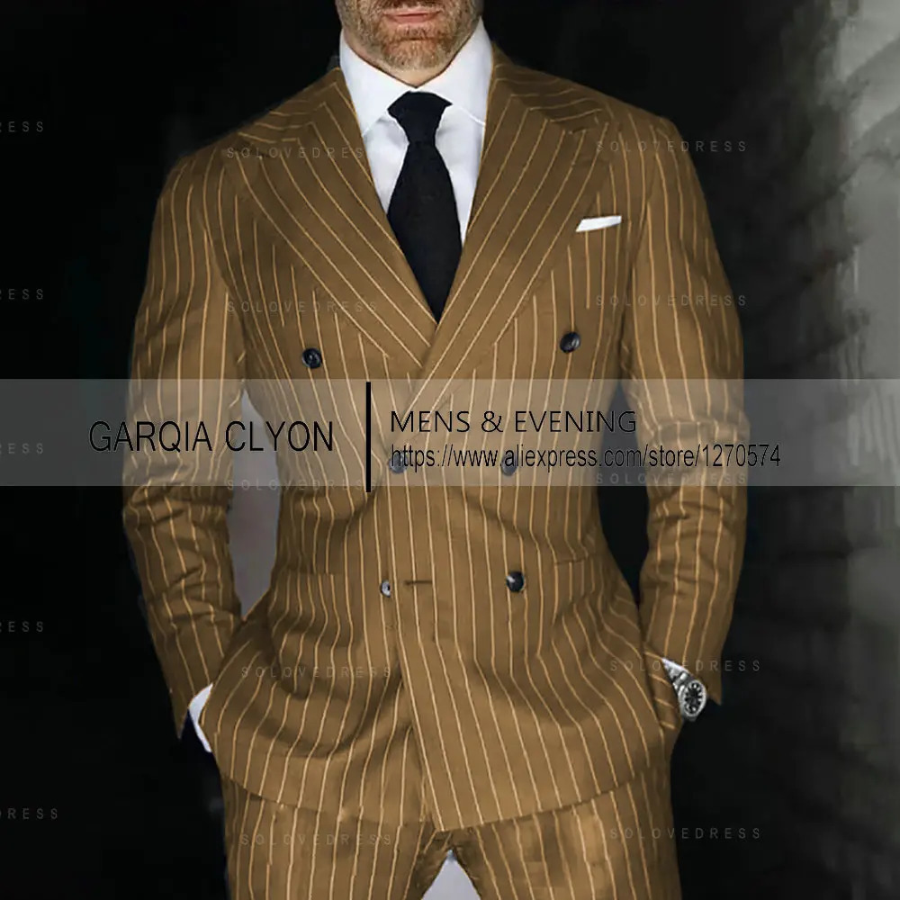 Grey Striped Mens Suits Double Breasted For Wedding Custom Made Man Costume Groom 2Pieces Tuxedos Blazer Pants 250102