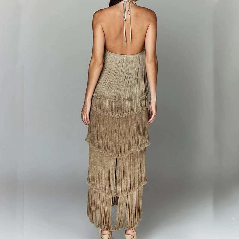 Fashion Layered Solid Color Ladies Sexy Off-Shoulder High Waist Slim Chic Club Party Fringed Sleeveless Long Dress