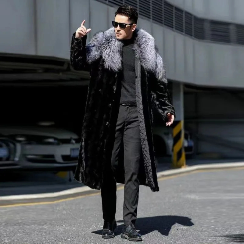 Mens Faux Mink Coat Winter Long Fur Black Color Warm Windbreaker Plus Size Collar s Clothing Jackets 250107