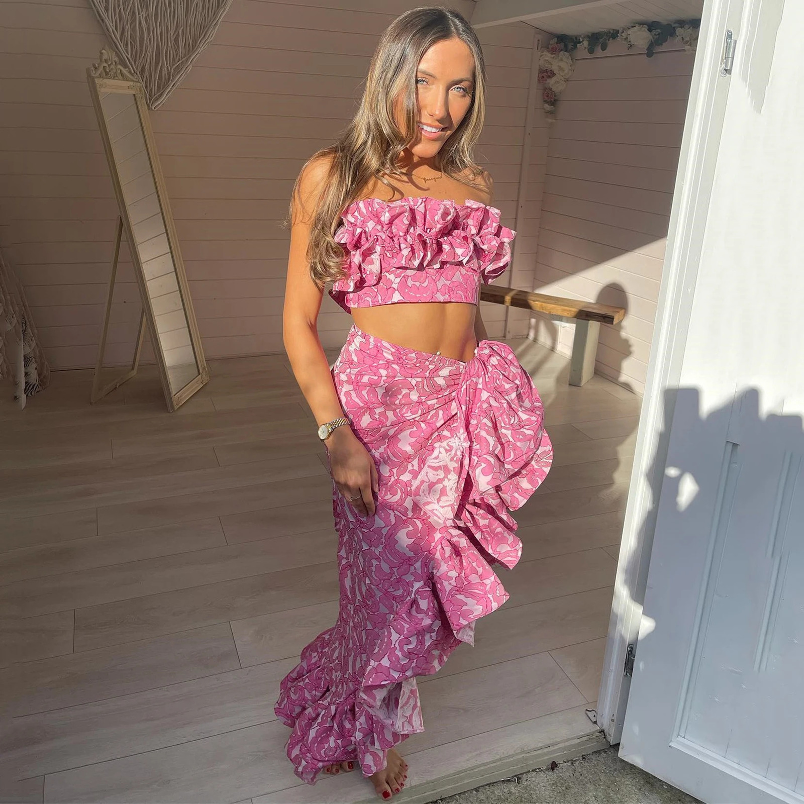 3Pieces Sexy Printed Bikinis With Cover Up Women Swimsuit Ruffle Swimwear Female High Waist Swim Suits Bodysuit Beachwear 250108