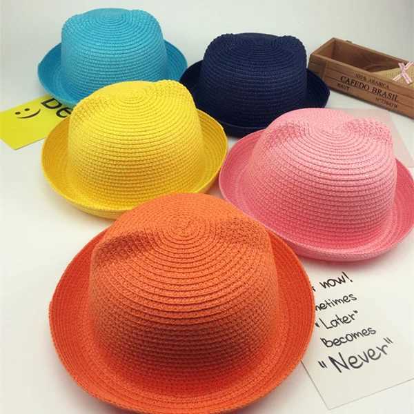 Boys hat girls sun hat summer childrens Panama sun hat childrens ear decoration sun hat solid childrens soft cushion Panama hat X250109