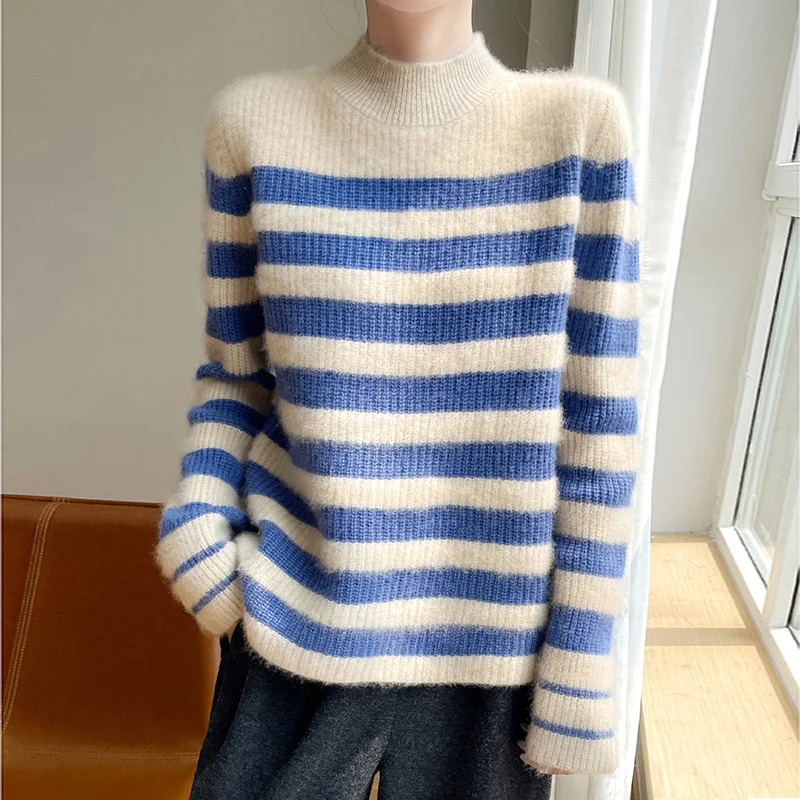 Autumn and Winter 7Pin Thickened Womens Sweater 100% Pure Wool MockNeck Stripes Knitwear Comfortable Warm Pullover 250108