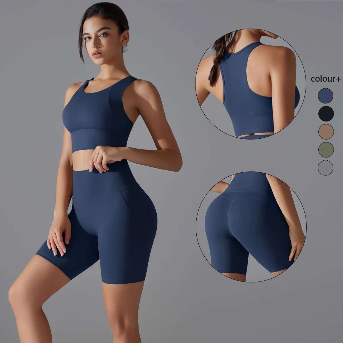 Suit Set Crop Tops Solid Color Nylon Bra Running Cycg Sports Gym Workout Yoga Shorts