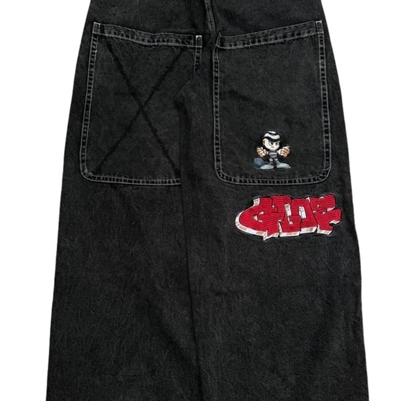 Y2K Goth Men Women Fashion Hip Hop Wideleg Jeans Retro American High Street Embroidered Black Baggy Patchwork Denim Pants 241226